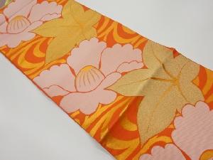 リサイクル　流水に椿・紅葉模様織出し全通袋帯